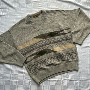 PortoCruz Beige Wool Blend Knit Sweater with Faux Suede Pattern Accents